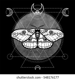 Night moth. Esoteric symbol, sacred geometry, images of the moon. Monochrome drawing. Vector illustration. Print, posters, t-shirt, textiles.