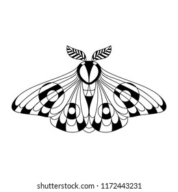 Night moth in ethnic style. Vector illustration of a butterfly on a black background. Use on the T-shirt and textile