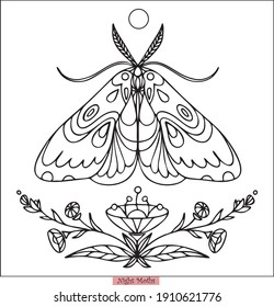 night moth, flowers and leaves, moon,  decorative drawing, linear,black and  white drawing, coloring book, stylized vector graphics, isolated objects