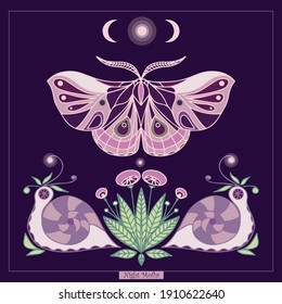 night moth, flowers and leaves, moon, two snails, decorative drawing in boho style stylized vector graphics, isolated objects