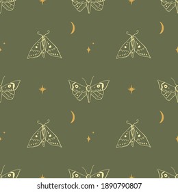 Night Moth Magic Dream Seamless Pattern. Moon And Stars.