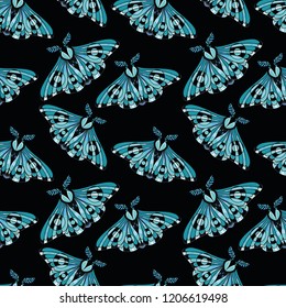 Night moth seamless pattern.. Butterfly pattern. Vector illustration of a butterfly on a black background. Use on the T-shirt and textile