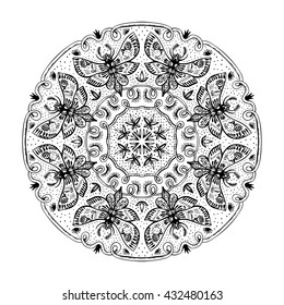 Night moths black and white mandala. Hand drawn round symmetric ornament with night butterflies, in black and white. Vintage design element for tattoo and t-shirt fashion design. Vector illustration.