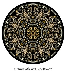 Night moths golden mandala. Hand drawn art for round ornament with night butterflies, gold colors Art Nouveau style. Spirituality and magic concept. Vector is EPS8.