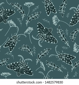 Night moths in meadow grass, seamless vector background