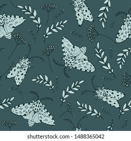 Night moths in meadow grass, seamless vector background