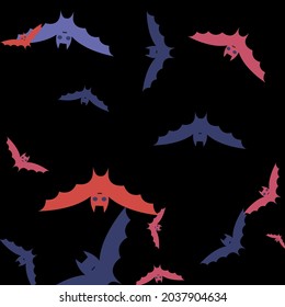 Night Motion Red Scary Wallpaper. Print Sky Black Eyes Attack Bats Vector Design Pic. Gothic Pink Creepy Retro Halloween Modern Design. Spooky Colorful Chaos Purple Art Flying Bats Fabrics.