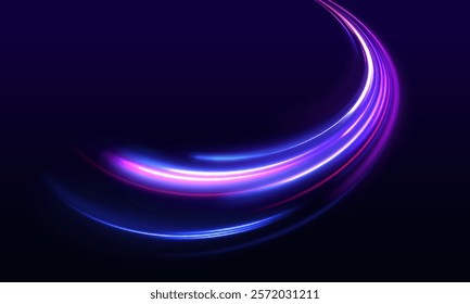 Night motorway with light effects in neon colors purple. Abstract energy in the form of stripe, arc, curl and zigzag in neon colors with light effect. Long exposure of motorways as speed.	