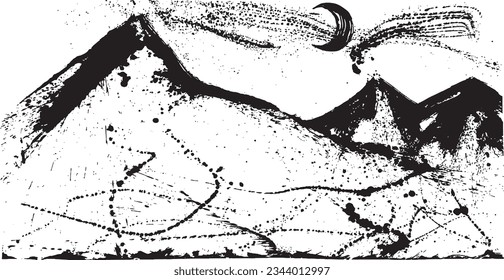 night mountain. brush stroke illustration. hand drawn illustration.