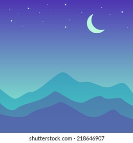 Night mountain chain silhouette in moon light with stars