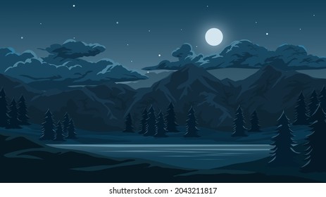 Night in mountain forest. Beautiful night mountain