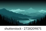 Night Mountain Forest Landscape Illustration with River and Stars