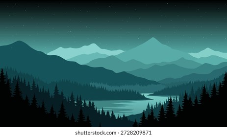 Night Mountain Forest Landscape Illustration with River and Stars
