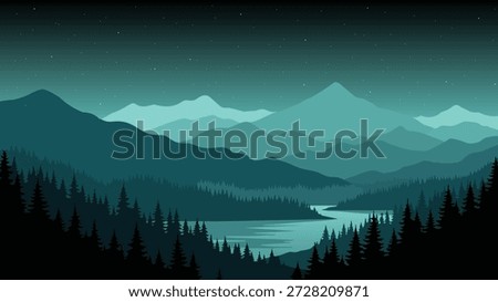 Night Mountain Forest Landscape Illustration with River and Stars