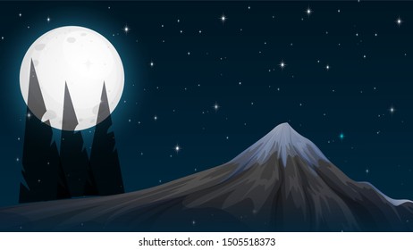 Night at mountain with full moon and pine forest Vector