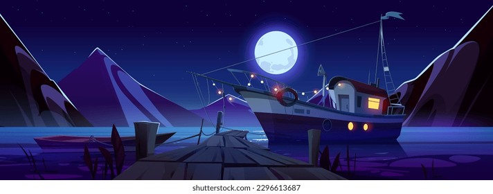 Night mountain lake with boat moored at pier. Vector cartoon illustration of midnight lanscape with rocky range, fishing vessel with garland, wooden jetty, dark midnight sky with stars and full moon