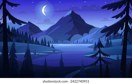 Night mountain lake landscape. Vector illustration of spring summer nature with field, lake, river, forest, pine trees, grasslands meadow, mountains, moon. Hills and valley panorama. Spring time