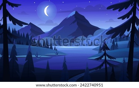 Night mountain lake landscape. Vector illustration of spring summer nature with field, lake, river, forest, pine trees, grasslands meadow, mountains, moon. Hills and valley panorama. Spring time