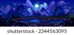 Night mountain lake scene with firefly vector landscape background. Dark blue nature valley with full moon, wild chamomile flower and beautiful light reflection. Wilderness adventure to peak in clouds