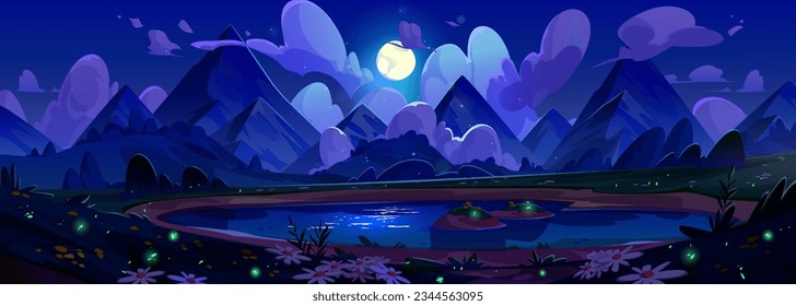 Escena del lago montañoso nocturno con fondo de paisaje de luciérnagas vectoriales. Valle de la naturaleza azul oscuro con luna llena, flor de camomila salvaje y hermosa reflexión de la luz. Aventura salvaje para alcanzar su punto máximo en las nubes