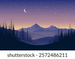 Night mountain landscape. Beautiful night landscape of forest and mountains with a crescent starry sky. Starry sky and nature. Night nature vector illustration.