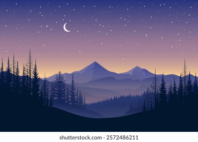 Night mountain landscape. Beautiful night landscape of forest and mountains with a crescent starry sky. Starry sky and nature. Night nature vector illustration.