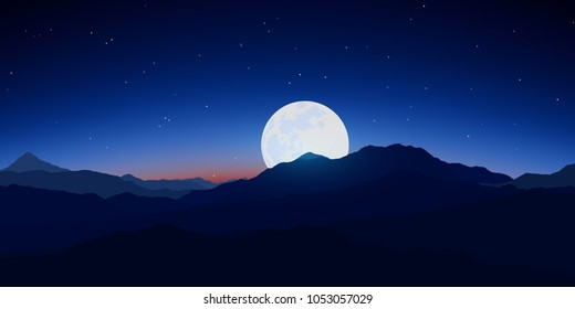 Night mountain landscape with a beautiful sky. Landscape with a big moon behind the mountains. Realistic vector illustration.