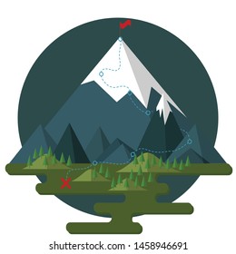 Night mountain landscape in flat style. Red flag on top of the mountain. The route leads from the foot to the top of the highest mountain. Success, leadership, career growth. Tourism, nature, travel.