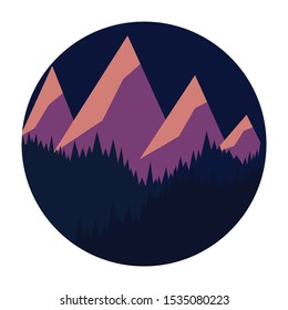 Night mountain landscape. Four snow-covered peaks, and a forest on the hills in the foreground. Late evening colors. Fuchsia, dark blue. White frame around the picture