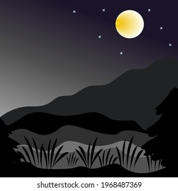 Night mountain landscape with full moon and creeping fog.