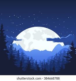 Night mountain landscape with full moon. Vector nature background with copyspace. Panorama of mountains, pine and fir-tree forest. 	Mysterious night sky. 