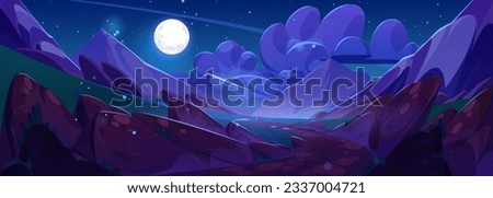 Night mountain landscape with full moon shining in sky. Vector cartoon illustration of beautiful nature, stones and green grass on sides of footpath leading to valley lake, mysterious fireflies in air