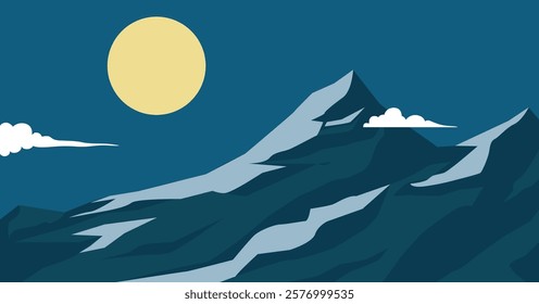 Night mountain landscape with moon and clouds illustration