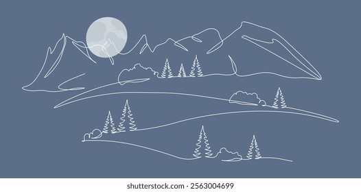 Night mountain landscape with moon in one continuous line.
Mountains with fir trees. Minimalistic hand drawing. Single line panoramic sketch. White outline on dark background. Vector illustration.