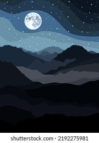 Night mountain landscape with moon and stars.