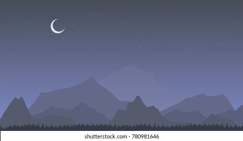 night mountain landscape, new moon and starry sky vector illustration