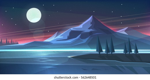 Night Mountain Landscape On Lake. Vector Illustration