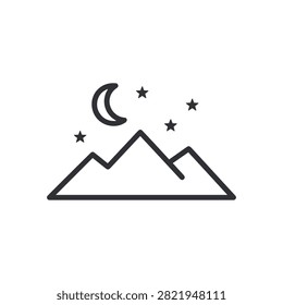 Night Mountain Landscape Outline Icon with Moon and Stars for Outdoor Camping