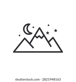 Night Mountain Landscape Outline Icon with Crescent Moon and Stars