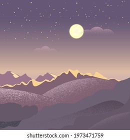 Night mountain landscape. Panorama of the night sky with the moon and stars above the mountain peaks.