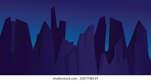 Night mountain landscape with path leading to rocky hills under starry sky with clouds. Cartoon vector illustration of dark blue dusk scenery with road and rocks.