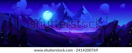 Night mountain landscape with path leading to rocky hills under starry sky with clouds and full moon. Cartoon vector illustration of dark blue dusk scenery with road and rocks under moonlight.