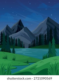 Night mountain landscape with river and pine forest