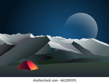 Night mountain landscape with shining red tent
