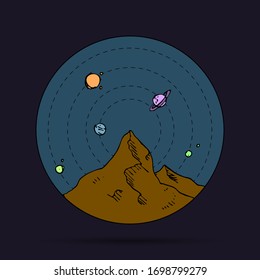 Night mountain landscape with space and planet