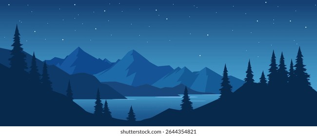 Night mountain landscape with starry sky. Vector illustration of night mountain nature with trees, lake and starry sky. Beautiful mountains at night.