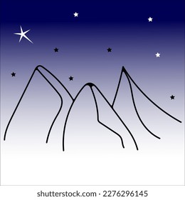 Night mountain landscape with stars in the sky in a minimalist style.Black and white vector.