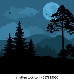 Night Mountain Landscape, Trees, Moon and Birds. 