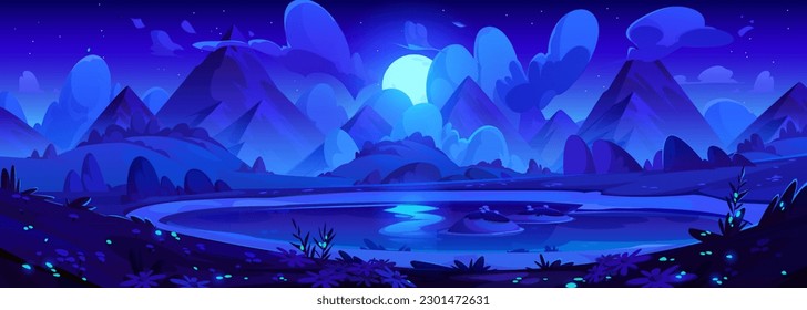 Night mountain landscape with valley lake. Vector cartoon illustration of full moon and many stars in dark sky, neon color flowers glowing around water in midnight blue darkness. Fairy tail background