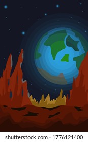 
Night mountain landscape with a view of the moon